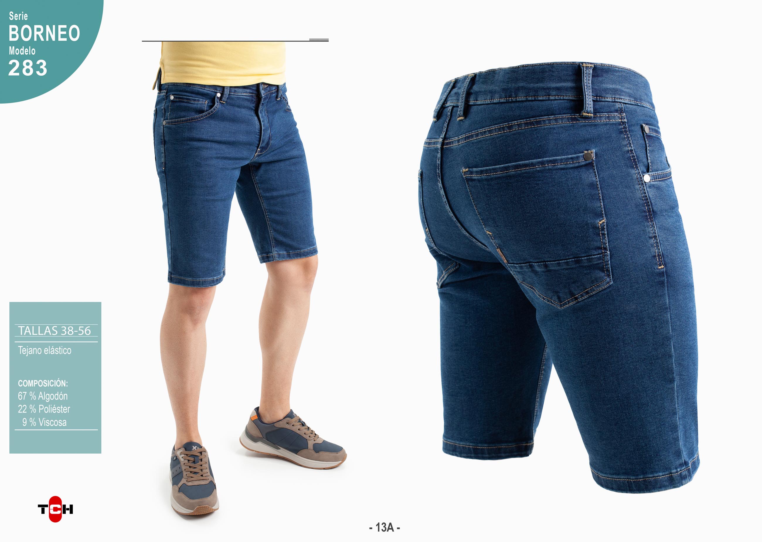 Jeans corto para hombre, pantalón vaquero en tejido denim azul piedra de algodón y poliester con lycra e hilo a contraste en línea Regular Fit.