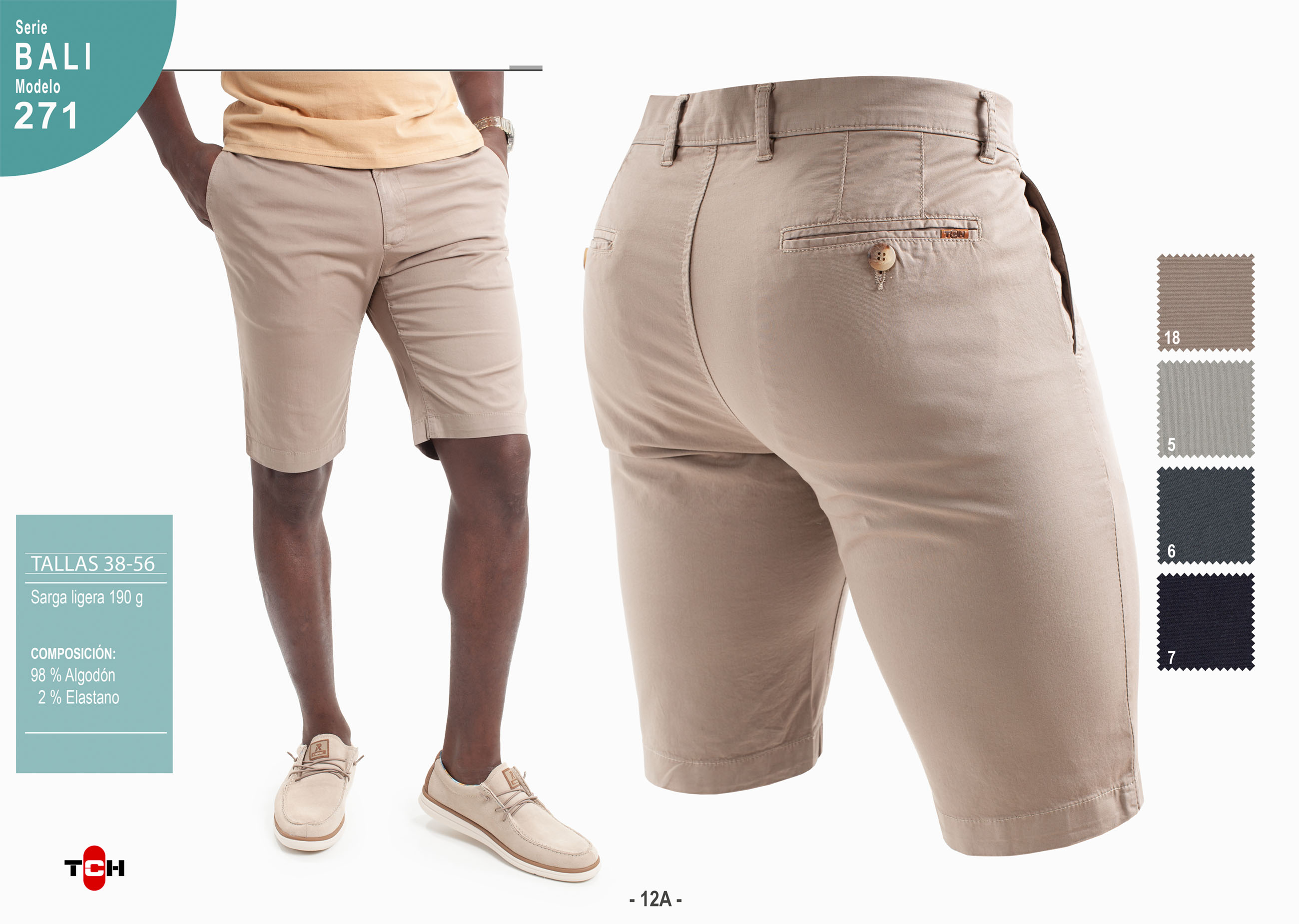 Pantalón corto de hombre en colores tipo chino, en tejido de algodón y lycra. Línea Regular Fit.