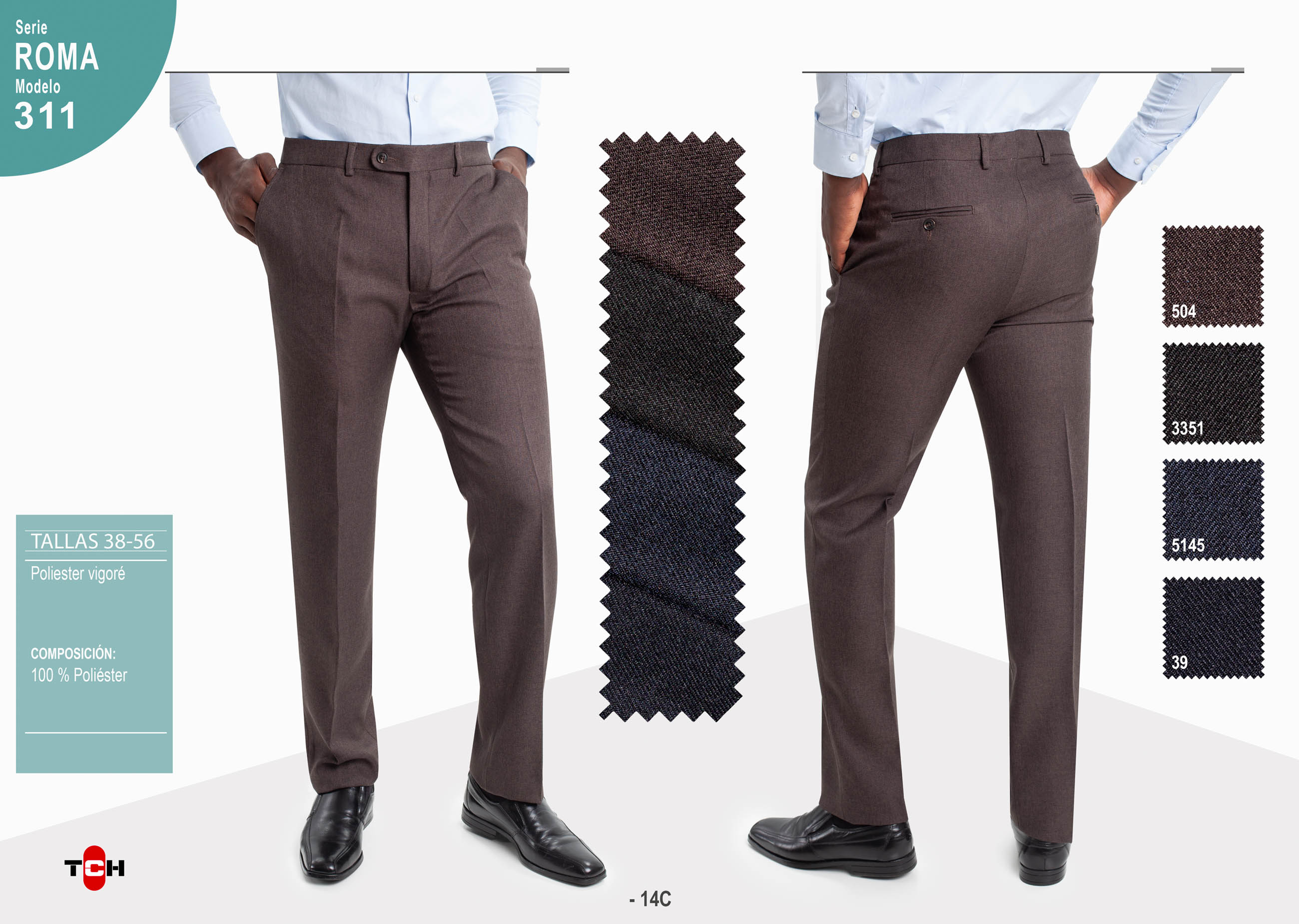 Pantalón TCH de vestir clásico en tejido de facil planchado de poliester, sin pinzas delanteras. Pantalón para hombre de estilo elegante clásico de vestir, con 2 bolsillos traseros de doble vivo. Disponible en 4 colores, muy cómodo y agradable de llevar todo el año. Línea Regular Fit.