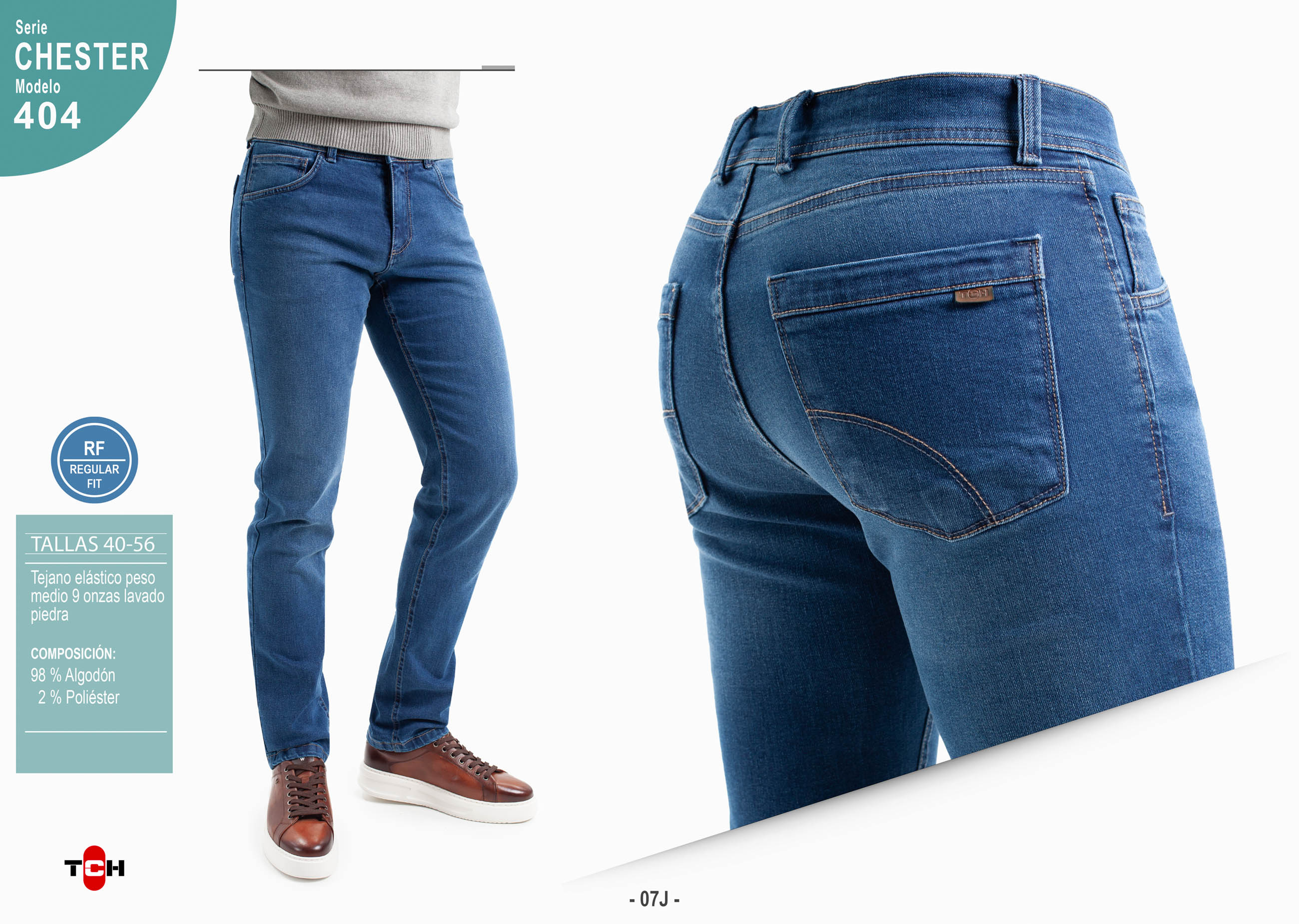 Jeans para hombre, pantalón vaquero en tejido denim azul desgastado piedra de algodón con lycra e hilo 2 colores en línea Regular Fit.