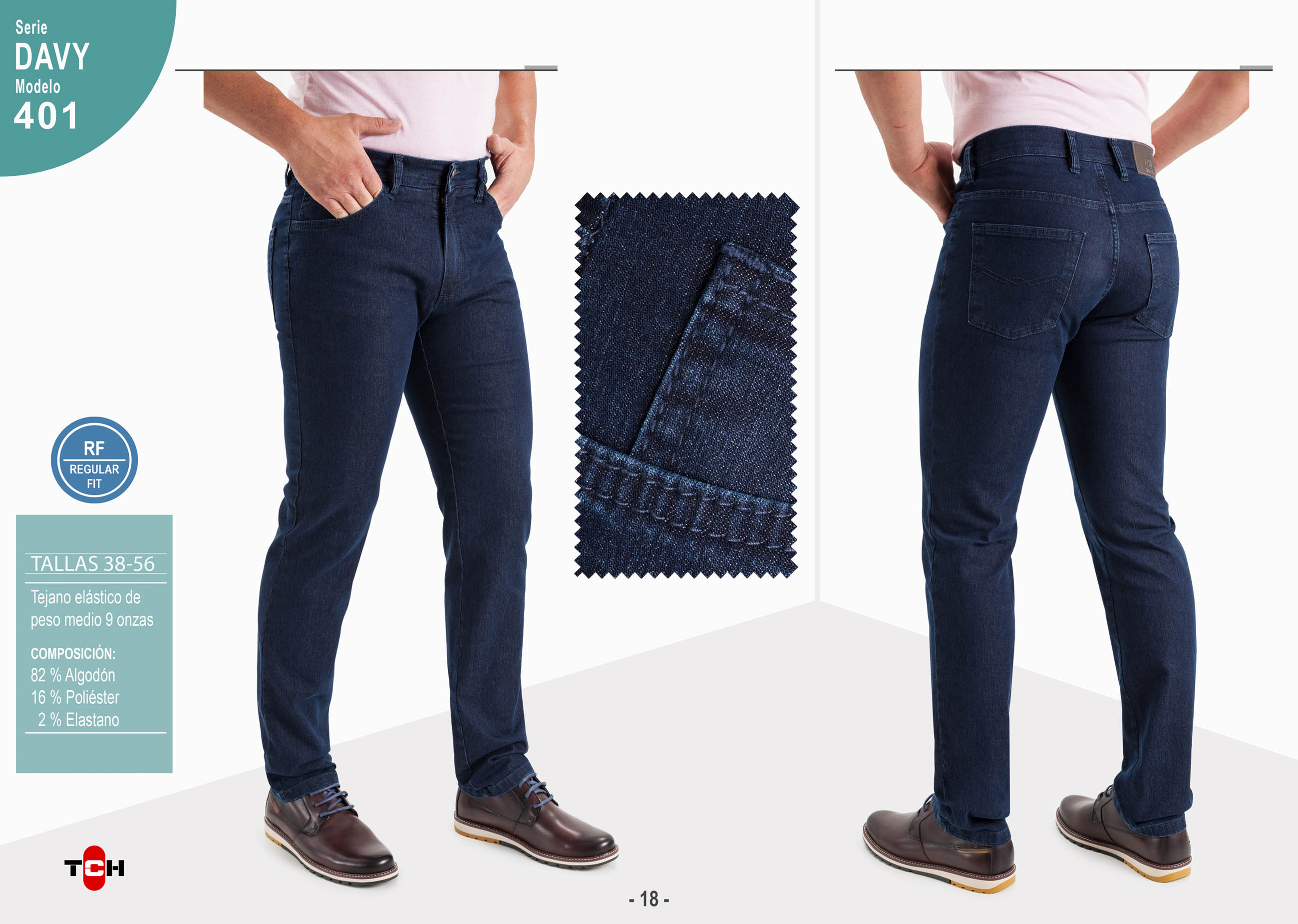 Jeans pantalón vaquero de hombre en denim azul oscuro de algodón, poliéster con lycra e hilo al tono. En línea Regular Fit.