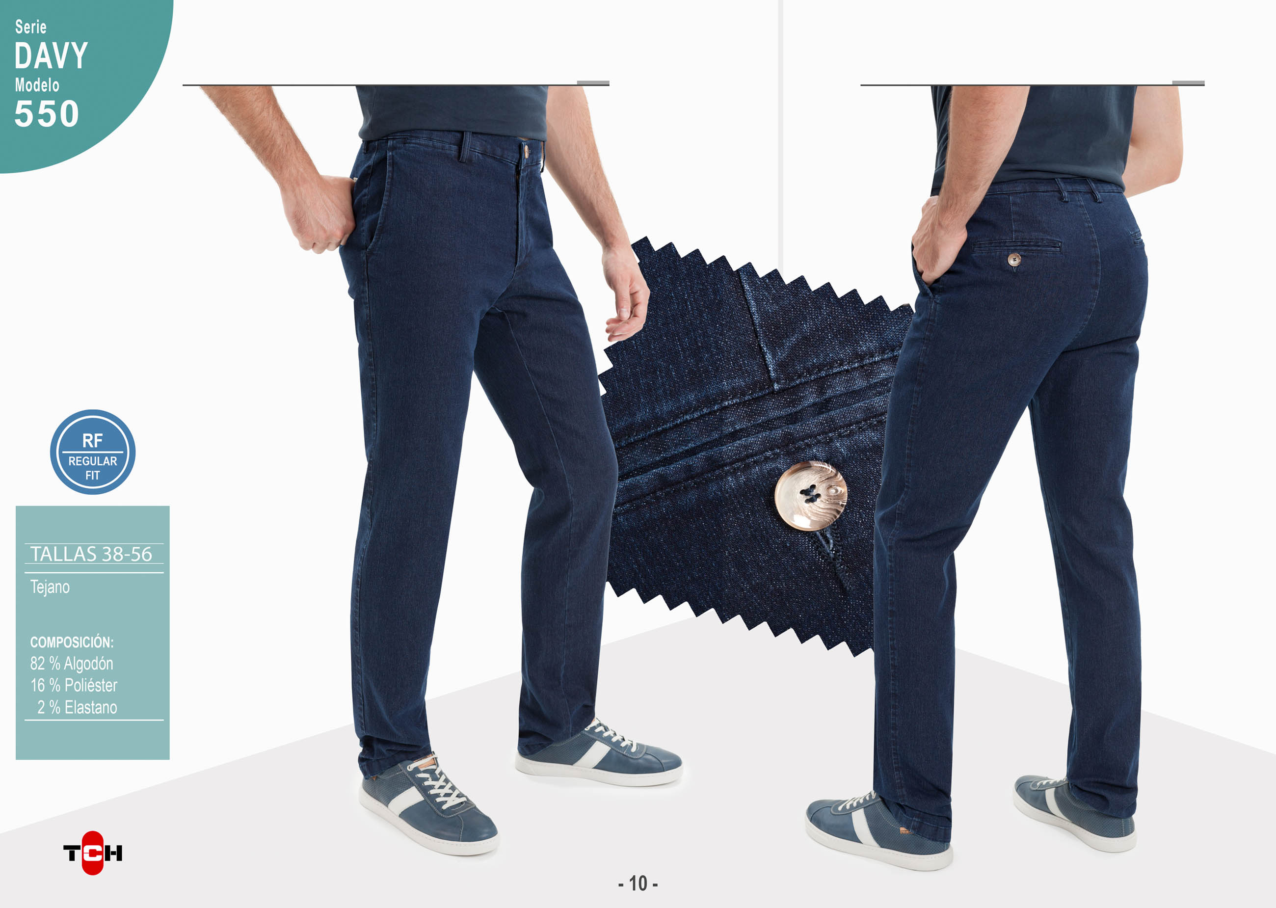 Pantalón de hombre TCH Casual Sport tipo chino tejido vaquero denim azul de  algodón, poliester con lycra REGULAR fabricado en España.