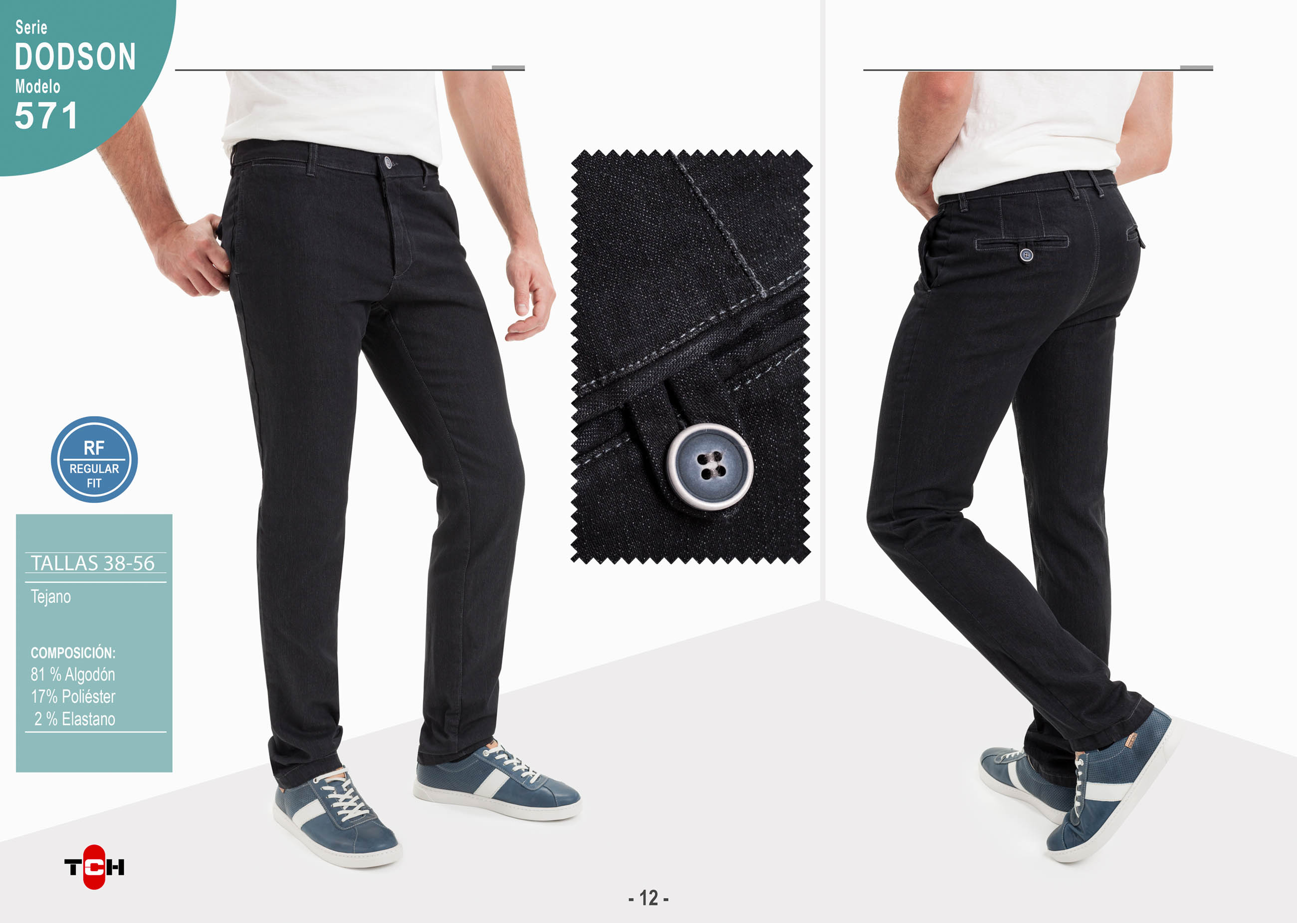 Pantalón de Sport tipo chino elástico sin pinzas fabricado en tejido vaquero negro de Algodón y Poliester con lycra de línea Regular Fit