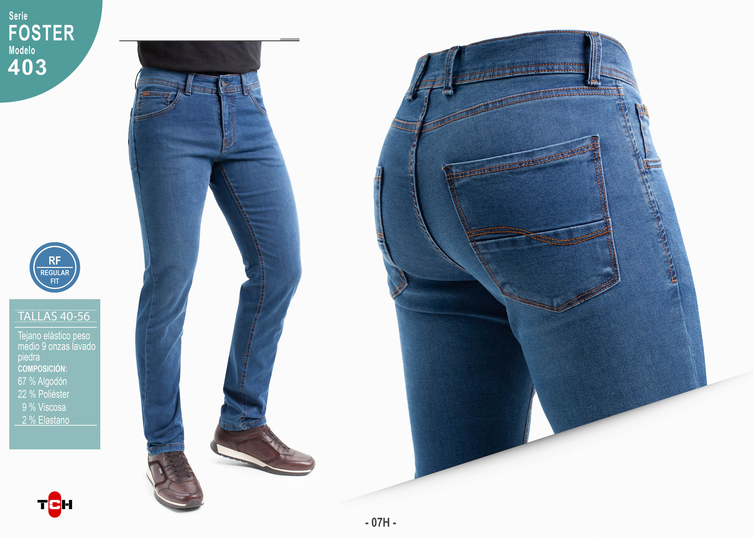 Jeans para hombre, pantalón vaquero en tejido denim azul desgastado piedra de algodón con lycra e hilo a contraste en línea Regular Fit.